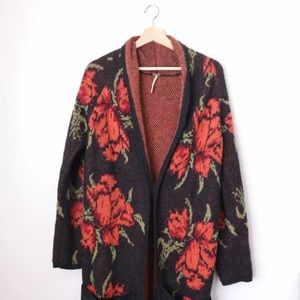 Free People Long Cardigan Floral Wool Rose